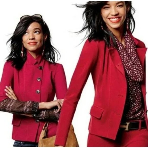 CAbi The Outing Asymmetrical Tailored Ponte Blazer Size 6 Deep Rhubarb Pockets - Picture 2 of 13